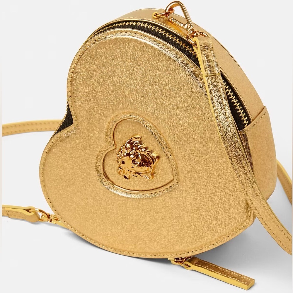 NWT Versace Heart Medusa Crossbody Strap Bag Gold Leather Kids Purse Logo Plaque